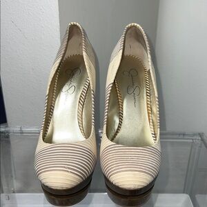 Jessica Simpson Beige and Cream Striped Platform Pumps
